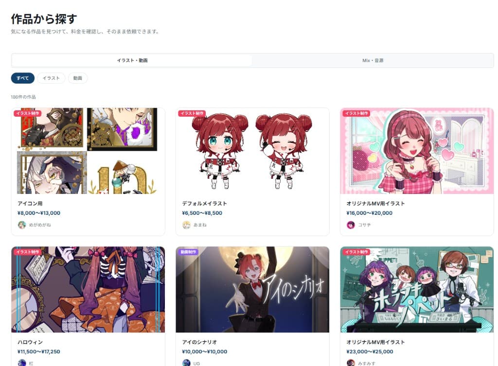 「作品から探す」画面。カテゴリタブと絞り込み、作品カードに料金目安とクリエイター名が表示されている。