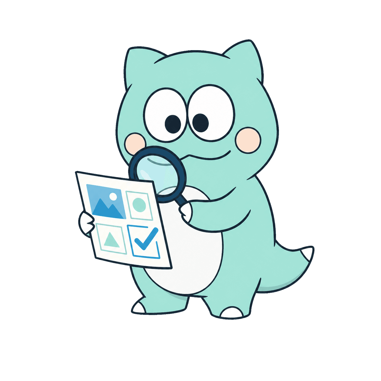 作品を虫眼鏡で丁寧に確認するピラノくん