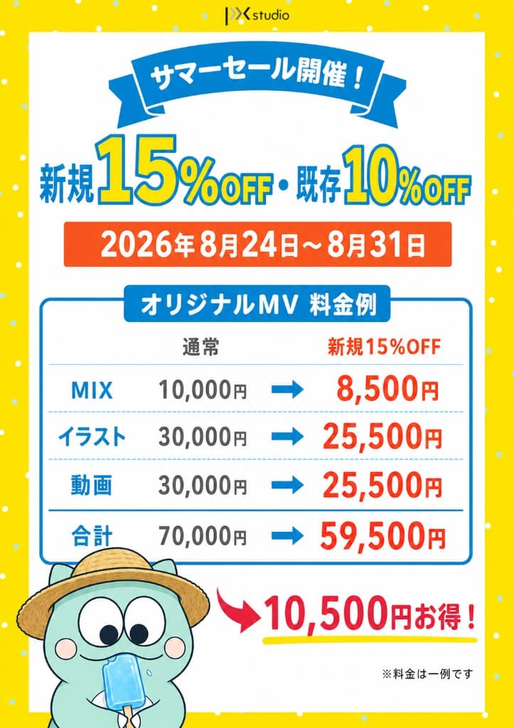 オリジナルMV料金例。MIX 10,000円→8,500円、イラスト 30,000円→25,500円、動画 30,000円→25,500円。合計 70,000円→59,500円で新規15%OFFなら10,500円お得。