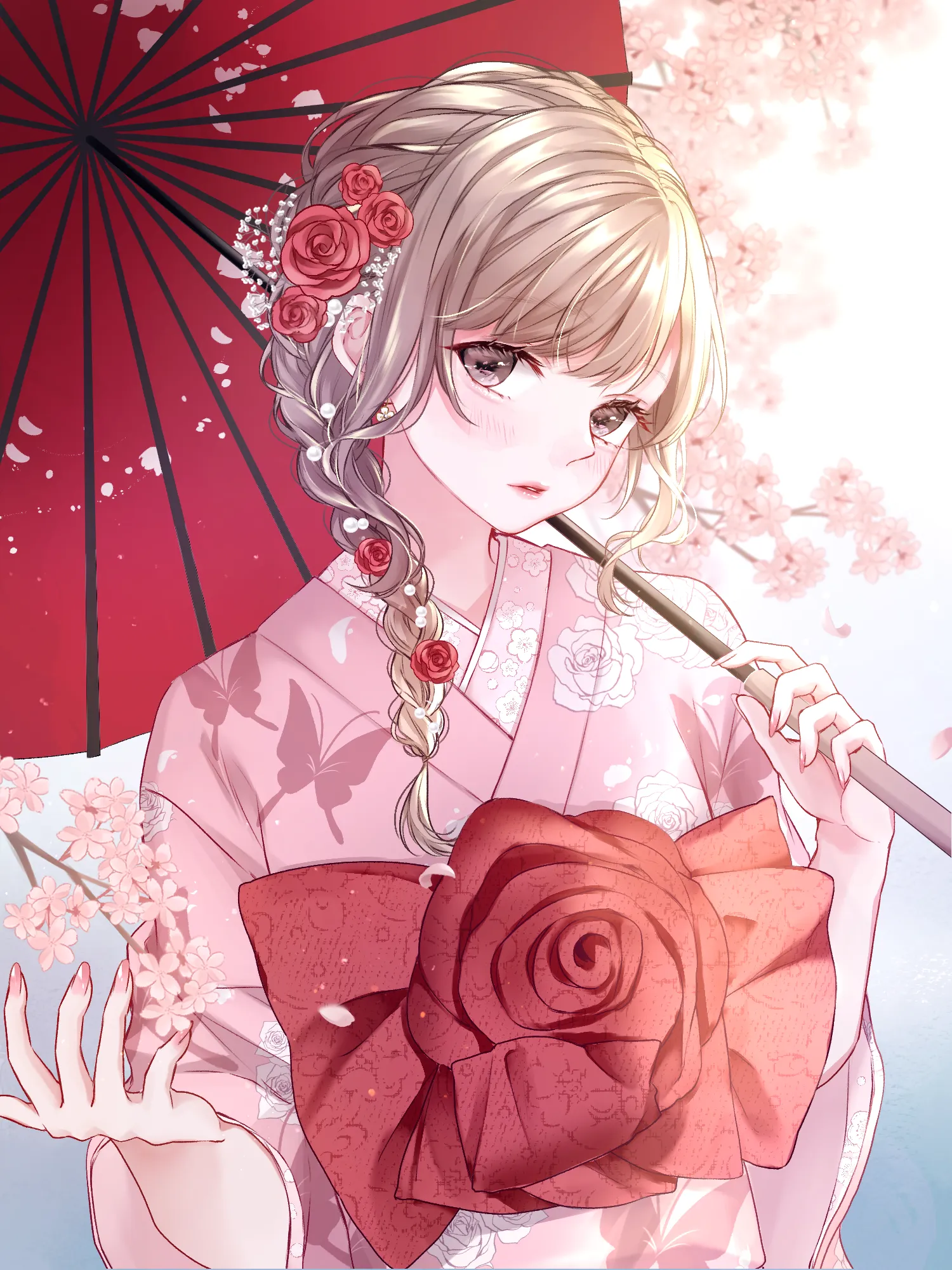 桜と和服のイラスト